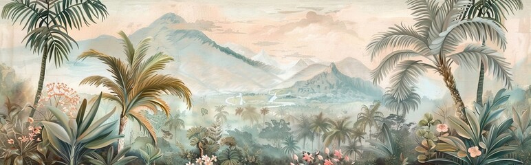Tropical forest landscape wallpaper design - Mural wallpaper - 3D illustration. AI generated illustration