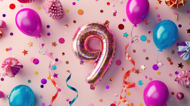 festive ninth birthday party decorations with colorful balloons and confetti