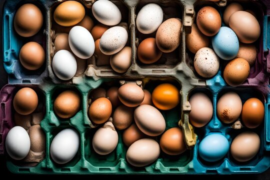 different categories of eggs in multi-colored trays on top of each other