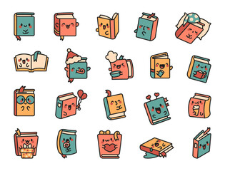 Funny books cute faces. Adorable cartoon characters. Hand drawn style. Vector drawing. Collection of design elements.