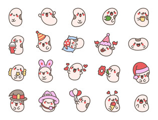 Fototapeta premium Cute kawaii beans funny faces. Adorable vegetables characters. Hand drawn style. Vector drawing. Collection of design elements.