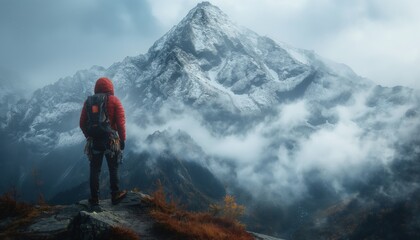 Obraz premium A solitary figure in red stands before a snow-covered mountain, evoking a sense of exploration and the sublime