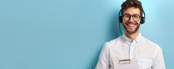 Smiling man with glasses and headset holding clipboard against a blue background. He is wearing a white shirt, creating a professional and cheerful atmosphere