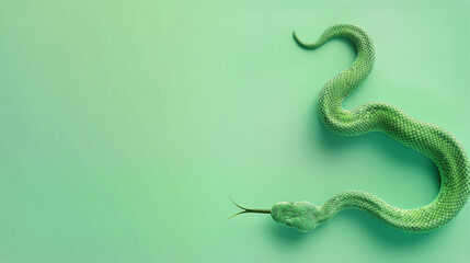 Obraz premium Green snake with tongue flicking out, symbolizing New Year 2025 according to Chinese calendar. Minimalistic background enhances snake's vibrant color and festive significance
