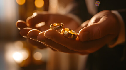 Wedding rings Priest holds engagement wedding rings in the church Gold couple of rings Wedding ceremony in christian church Closeup Selective focus : Generative AI