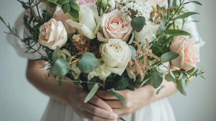 Person holding a bouquet of white and pink roses with eucalyptus leaves and greenery. Scene captures fresh, romantic arrangement with soft lighting highlighting delicate flowers and foliage