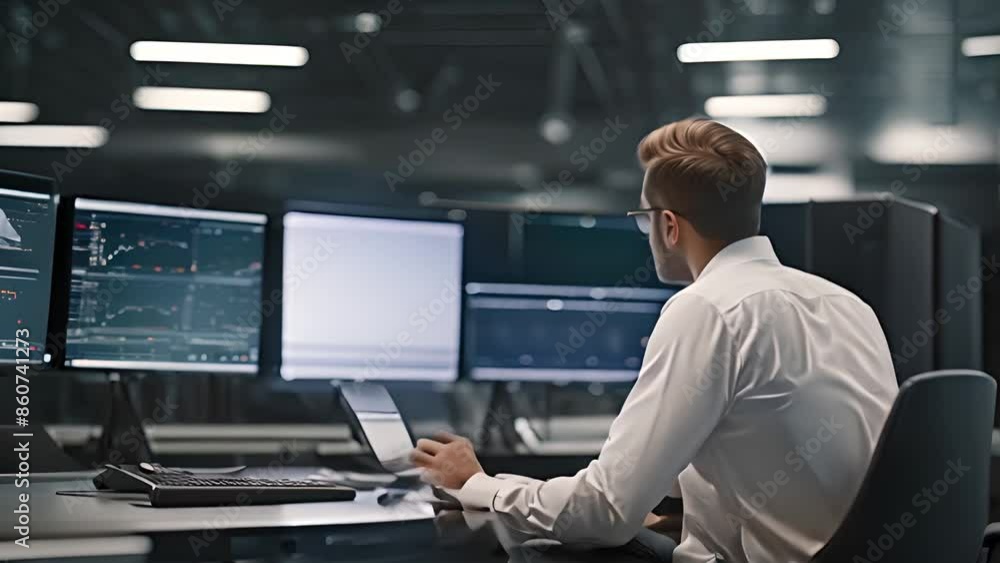 Poster man working at desk with multiple monitors generative ai