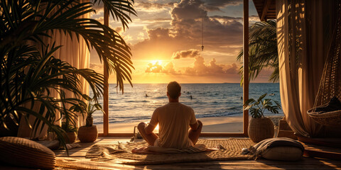 Man meditating in front of ocean sunset practicing yoga at home