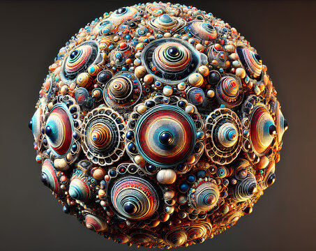 A wide, high-resolution 3D image created using spherical harmonics equations to generate complex and colorful spherical shapes resembling planets.