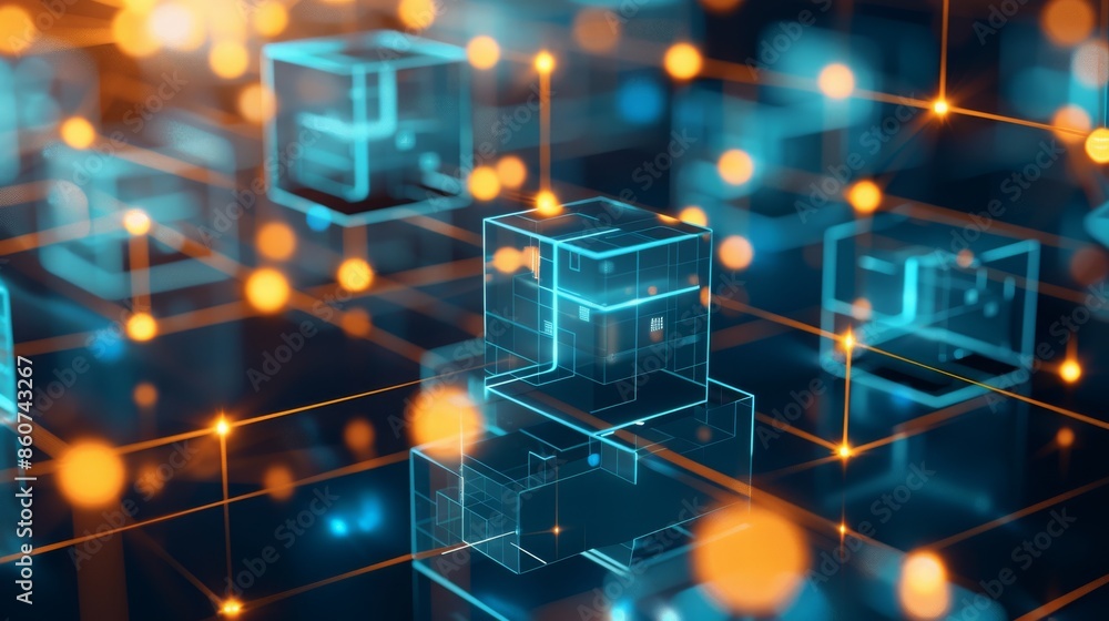 Poster abstract digital network with glowing cubes and lines, representing connectivity and data flow.