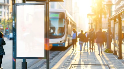 Blank mock up billboard on city street at bus stop, sunrise