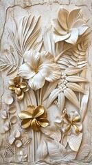 Gold floral plants and palm leaves Wallpaper Mural, 3d illustration, grey background, abstract tropical leaves, banana leaves with 3d lines. AI generated illustration