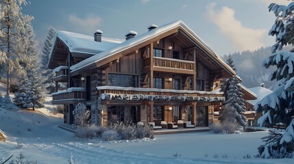 alpine ski chalet with a facade made of local wood, designed to blend into the snowy landscape while providing cozy, warm interiors