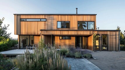 Obraz premium angular modern home with cedar siding that changes color over time, integrating with a dynamic landscape