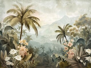 Tropical forest landscape wallpaper design - Mural wallpaper - 3D illustration. AI generated illustration