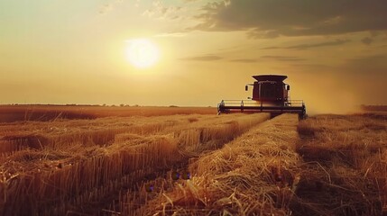 Fototapeta premium A combine works in a huge wheat field during sunset