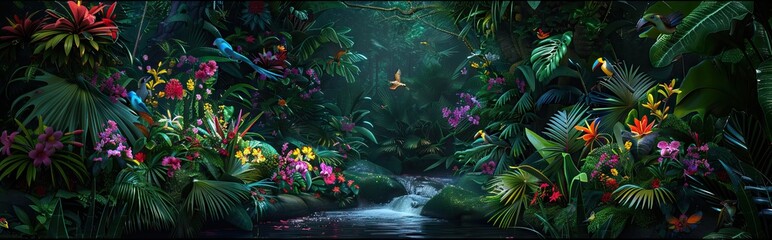 Dark rainforest sun rays through the trees and birds digital illustration. AI generated illustration.