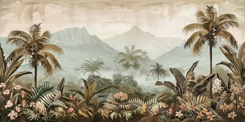 Tropical forest landscape wallpaper design - Mural wallpaper - 3D illustration. AI generated illustration