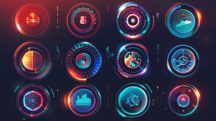 A vibrant collection of modern, neon-colored circular abstract elements set against a dark background, highlighting technological and futuristic concepts with a glowing effect.
