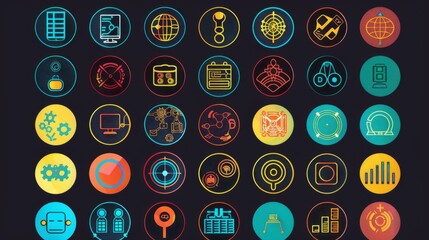 A vibrant collection of 35 digital icons representing various concepts, technology, tools, and data, presented on a dark background with colorful circular borders.