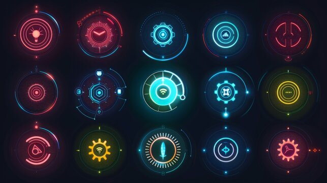 A set of 15 circular futuristic icons featuring various technological elements, presented in a neon color scheme, emphasizing innovation, digital design, and cyber aesthetics.