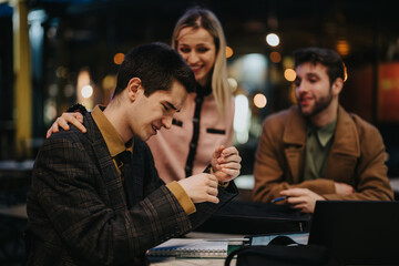 Engaged businesspeople collaborating in an informal setting, brainstorming solutions and strategies for company growth.