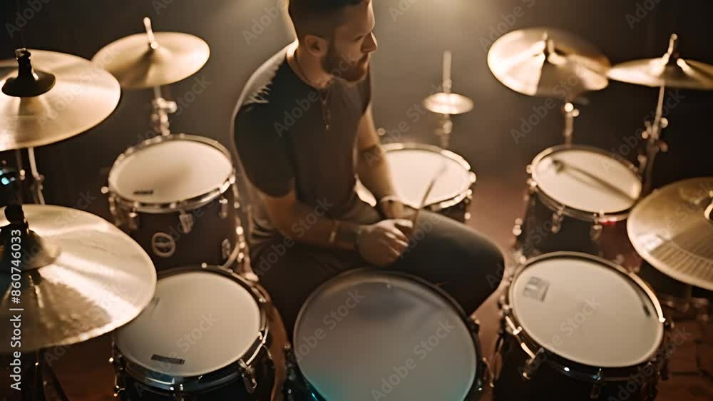 Poster drummer playing a drum set in a studio generative ai