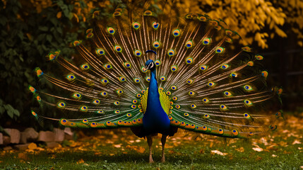 Obraz premium A peacock with pure feathers, standing proudly in a garden.