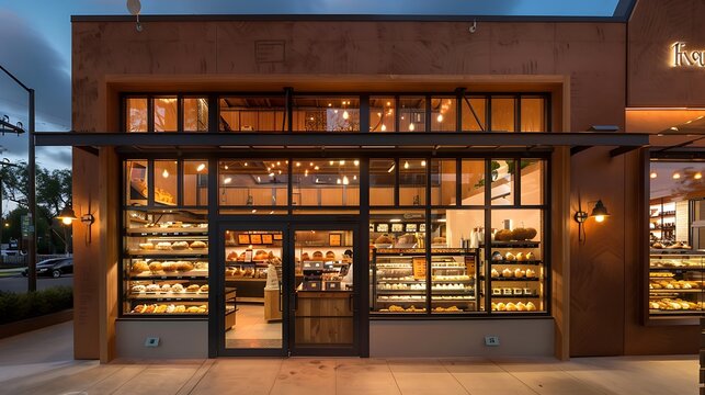 artisan bakery with a fa? section ade of warm, earth-toned fiber cement panels, creating a welcoming and appetizing front that draws in customers
