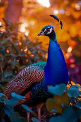 A peacock with pure feathers, standing proudly in a garden.