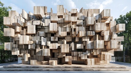 artistic installation-like home with a facade composed of wooden blocks arranged in a complex, geometric pattern