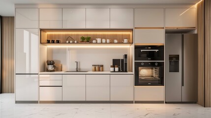 Modern white kitchen cabinet with integrated coffee machine, minimalist design, high end feel