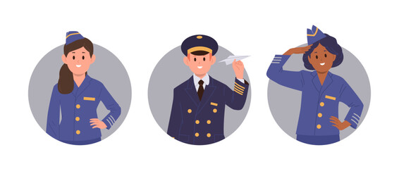 Children aircraft team with pilot and stewardess cartoon characters isolated round composition set © Iryna Petrenko