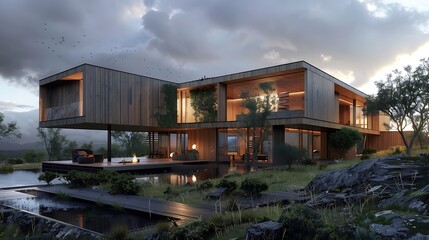 Obraz premium avant-garde residence with fragmented wooden facades that create a playful interaction with the natural light and landscape