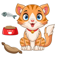 Cartoon funny orange cat sitting on white background