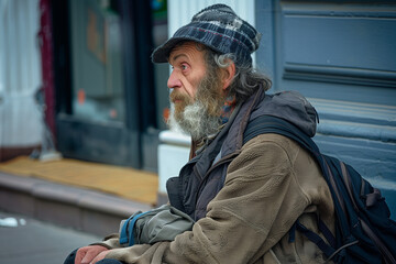 Old White Unhoused Homeless Man with Beard Outside on the Street in Winter