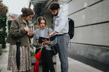 Young professionals brainstorming and strategizing about a new project in an urban city environment, showcasing teamwork and collaboration.