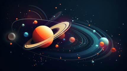 A captivating illustration of a solar system showcasing various planets orbiting around a central star, set against a backdrop of stars and celestial elements.