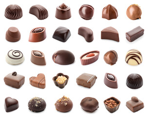 Set of many different chocolate candies isolated on white