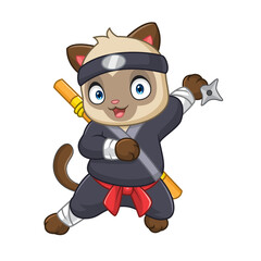 Cute siamese cat ninja cartoon on white background