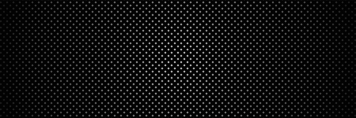 Black vector background with polka dot pattern. Minimalistic design of backdrop for cover template, flyer, layout, wallpaper. Long banner.