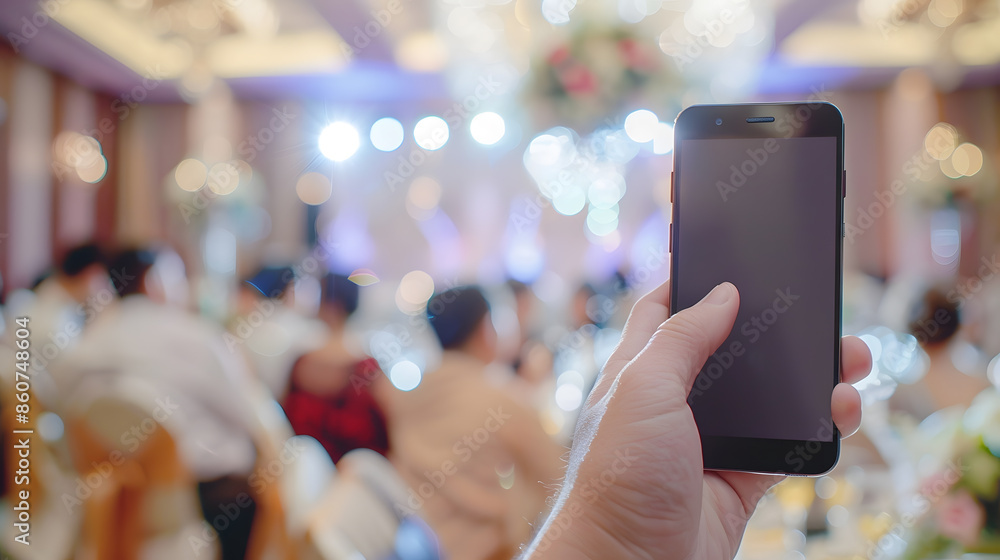 Poster male hand is holding a modern touch screen phone and blur image of wedding party in large hall for b