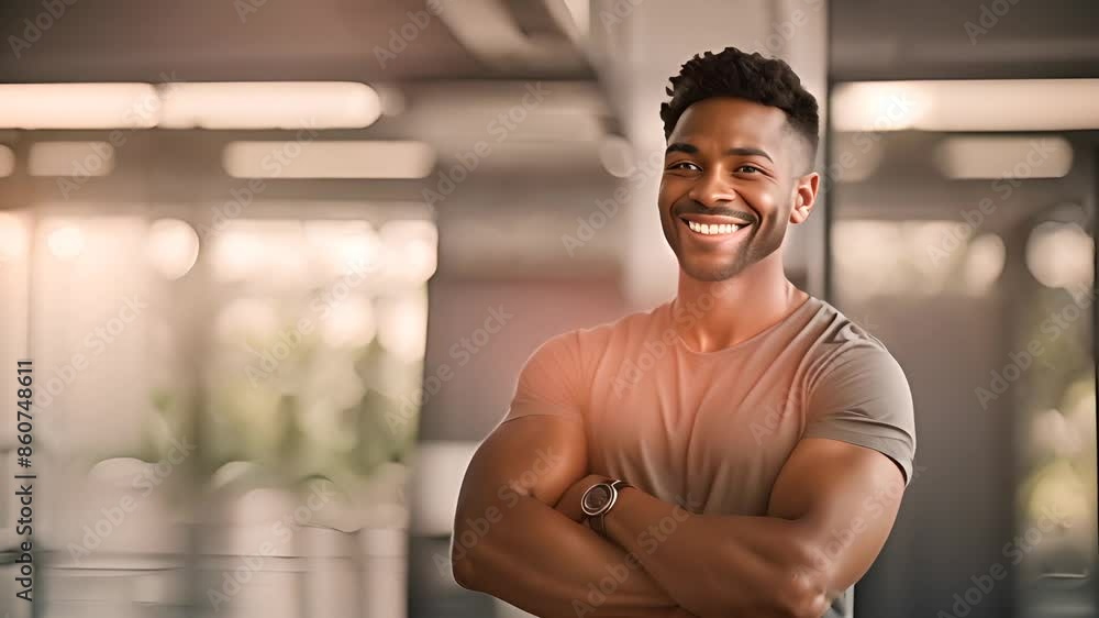 Poster smiling man with crossed arms in office generative ai