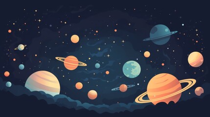 An intricate depiction of the night cosmos with vividly colored planets and twinkling stars, representing the beauty and mystery of the universe's night sky.
