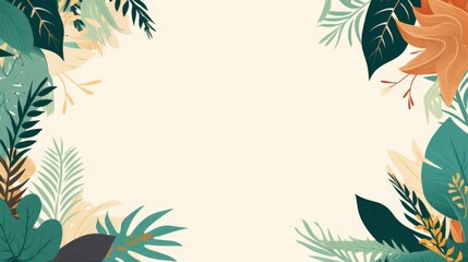 A colorful botanical border image with diverse green and leafy plants framing the design, featuring a variety of shapes and shades that create a rich, lush composition.