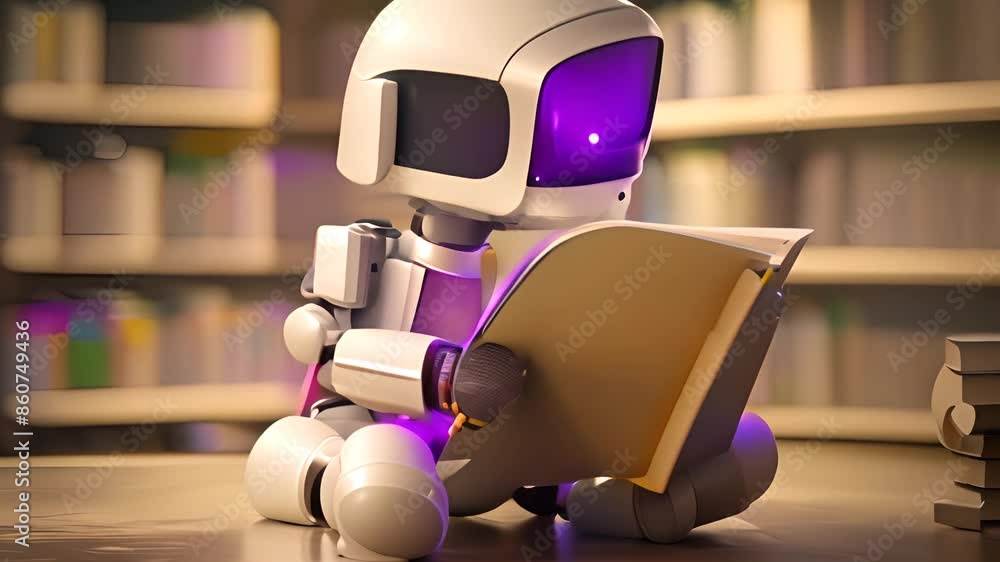 Aufkleber robot reading book in library generative ai