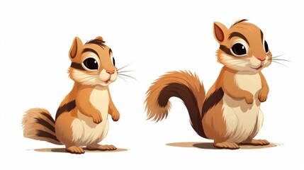 A charming illustration of two chipmunks standing upright, with detailed fur and expressive faces, set against a clean white background, perfect for children's materials.
