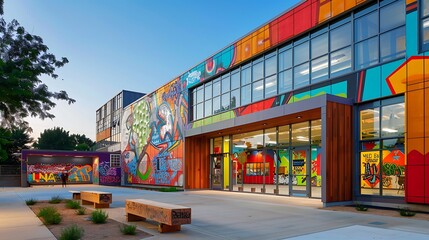 inner-city community arts center rejuvenated with colorful, graffiti-resistant fiber cement siding, fostering a bright and creative environment for local artists