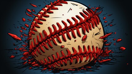 An image showcasing a baseball exploding with red stitches breaking apart, capturing the intense energy of the sport in a contemporary and artistic rendering, perfect for dynamic designs.