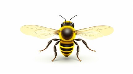 A detailed and realistic illustration of a bee from the front view, showcasing its intricate features and vibrant yellow and black coloration, all set against a clean white background.
